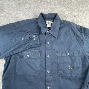 VINTAGE Calvin Klein Shirt Mens Large Blue Twill‎ Button Up Embroidered Logo